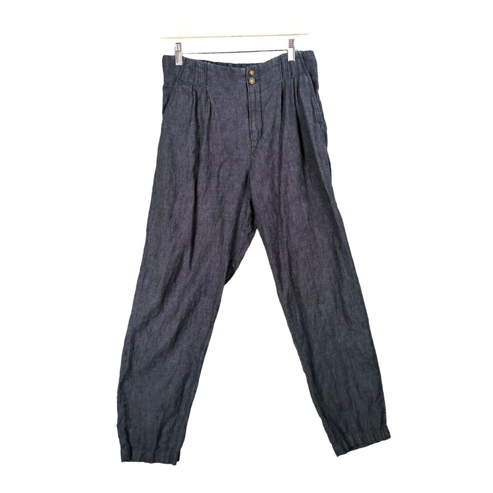 Garnet Hill Womens Coastal Lagenlook 100% Linen Boho Jogger Pants 8 Blue Tapered